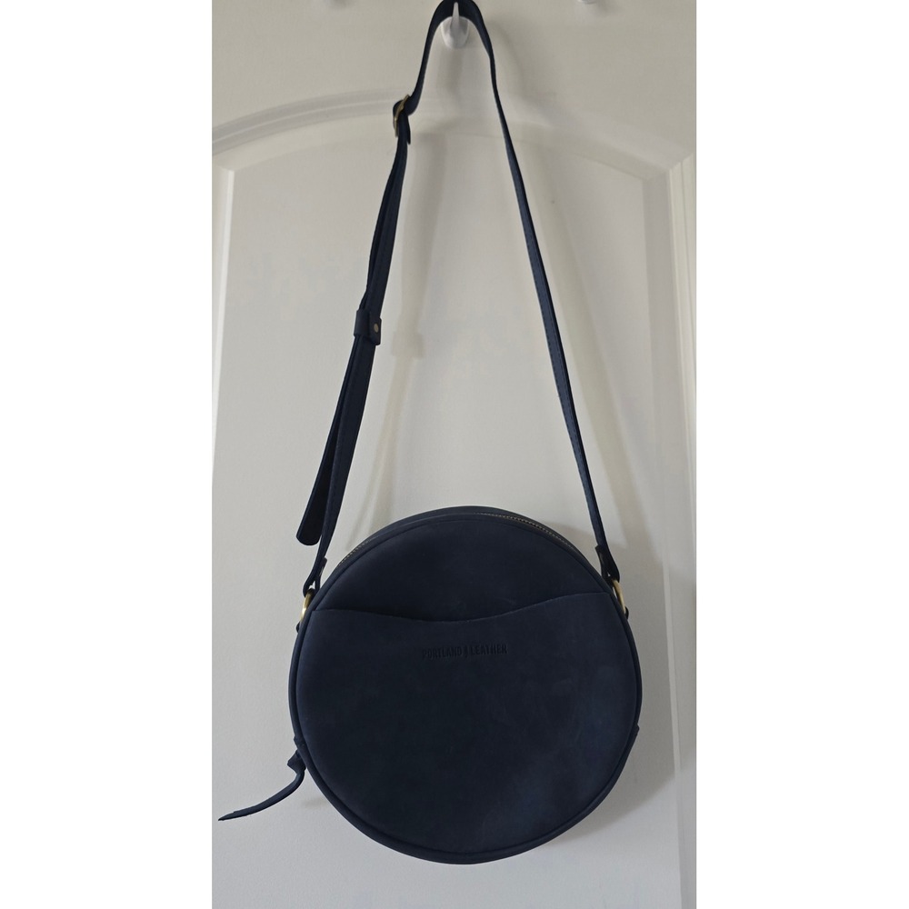 Portland Leather Goods Circle Crossbody Bag Navy Blue Leather Round Purse Brass